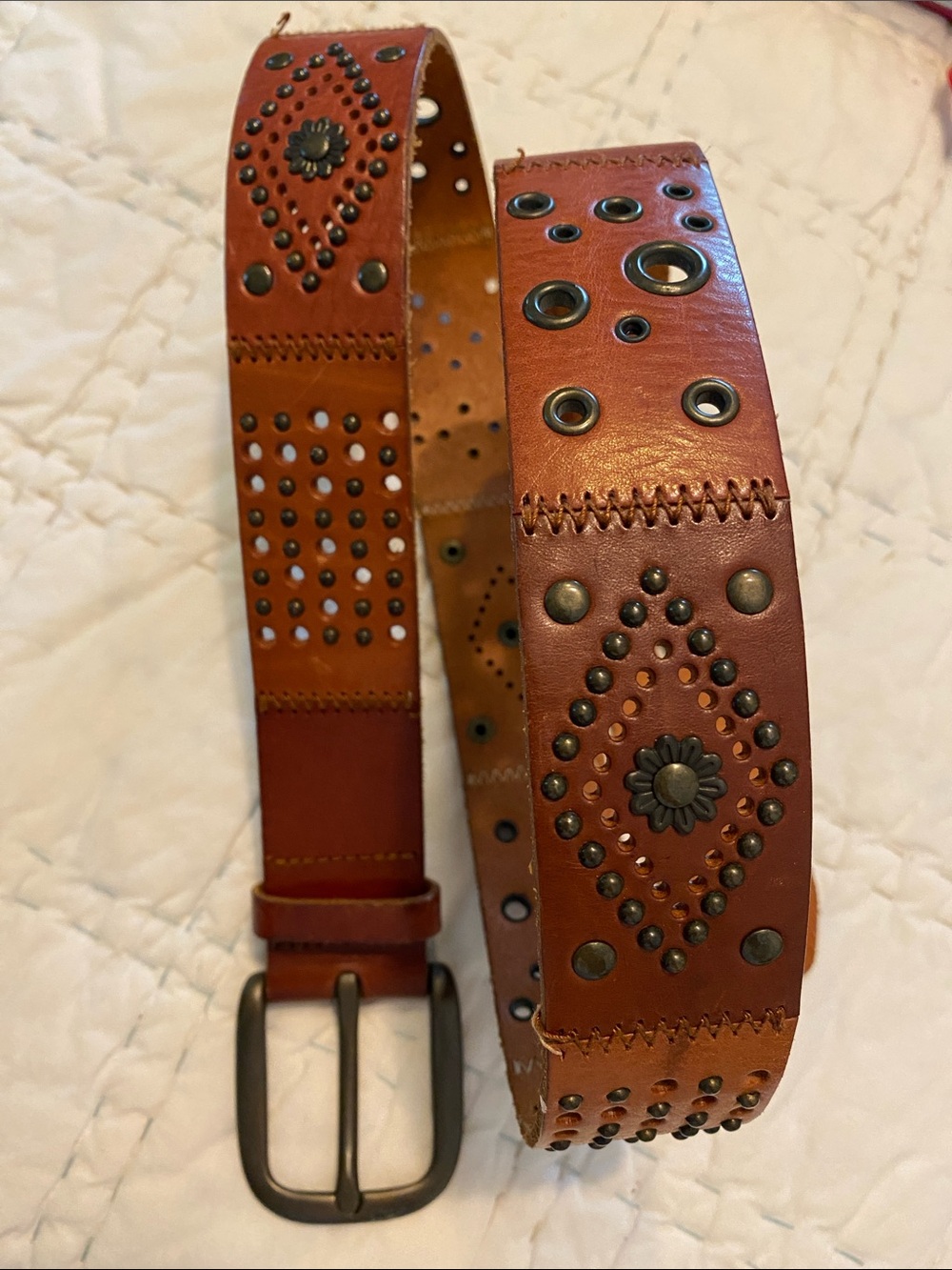 Fossil Tan Brown Studded Leather Belt with Floral Medallions